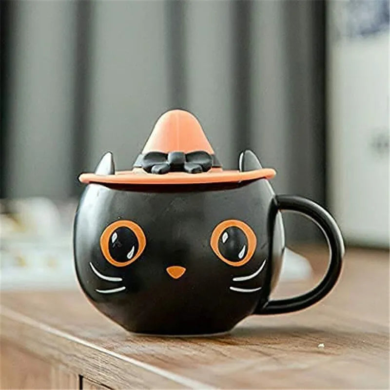 300ml Creative Cute Black Cat Cup Ceramic Coffee Mug with Handle Halloween Magic Hat Tea Milk Cup Family Couples Friend Kid Gift