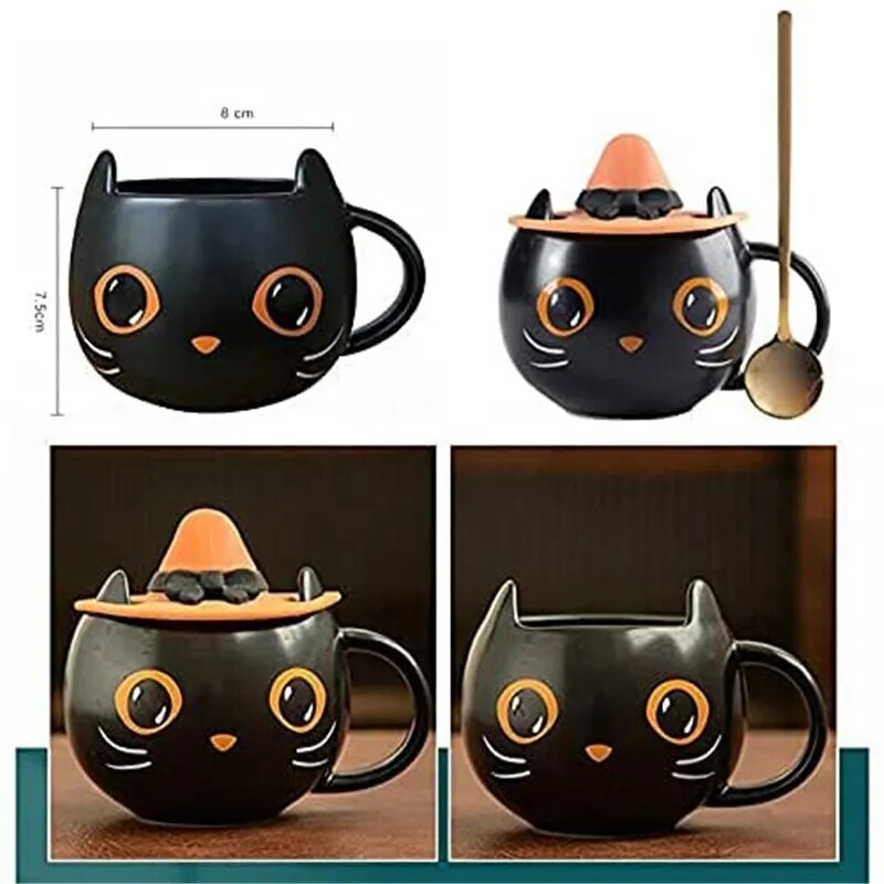 300ml Creative Cute Black Cat Cup Ceramic Coffee Mug with Handle Halloween Magic Hat Tea Milk Cup Family Couples Friend Kid Gift