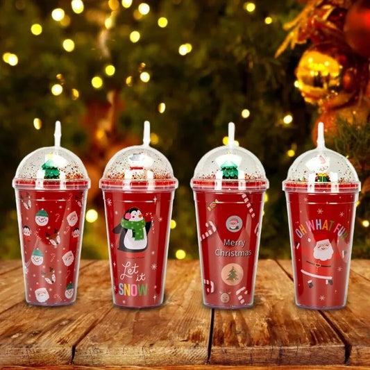 Christmas Cup 450ml Double Wall Coffee Mug with Lid and Straw Xmas Santa Snowman dropshipping